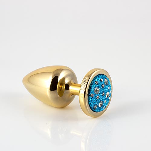 Plug LESS M (ABS) Dourado com Pedra Cravejada Azul